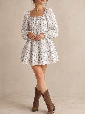 Smitten Label‎ Isabelle Blue Floral Puff Sleeve Lace Babydoll Mini Dress Large